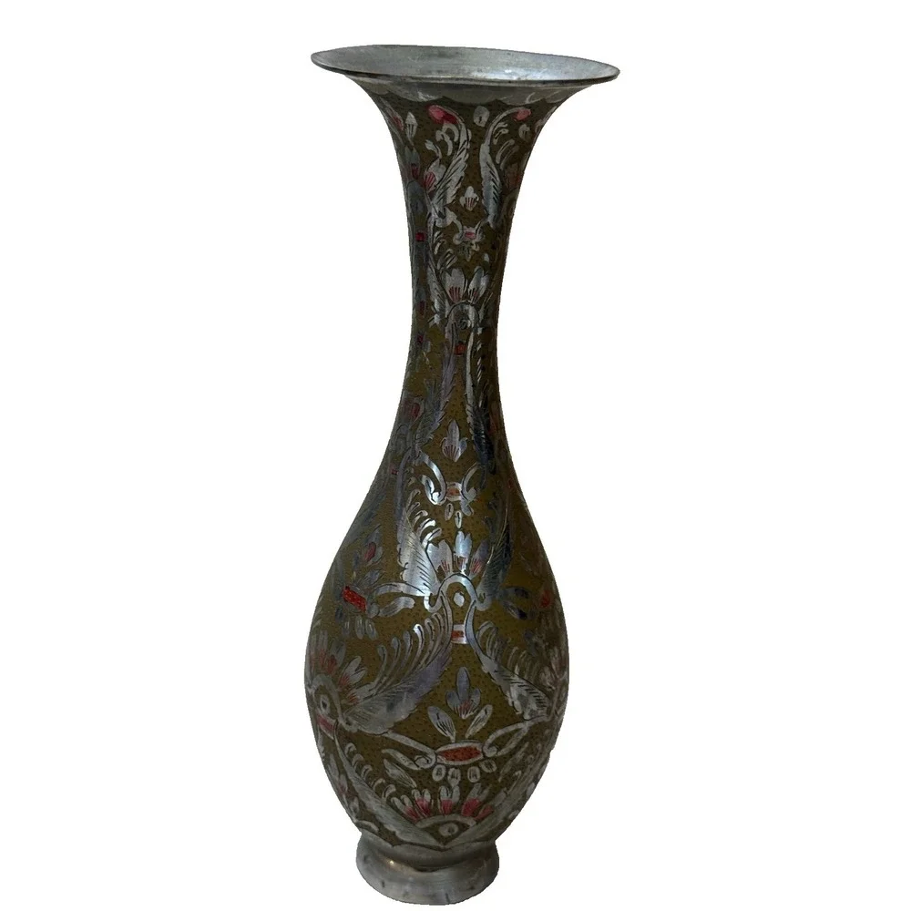Vintage India Brass Vase Circa Etched Painted Elegant‎ Silver tone